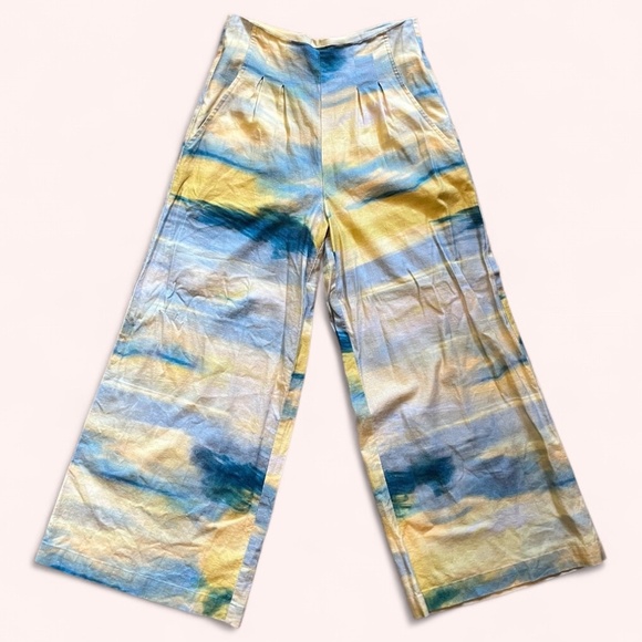 Adrienne Landau Blue Yellow Watercolor Wide Leg Pant Set NWOT Size S Resort - Picture 3 of 15